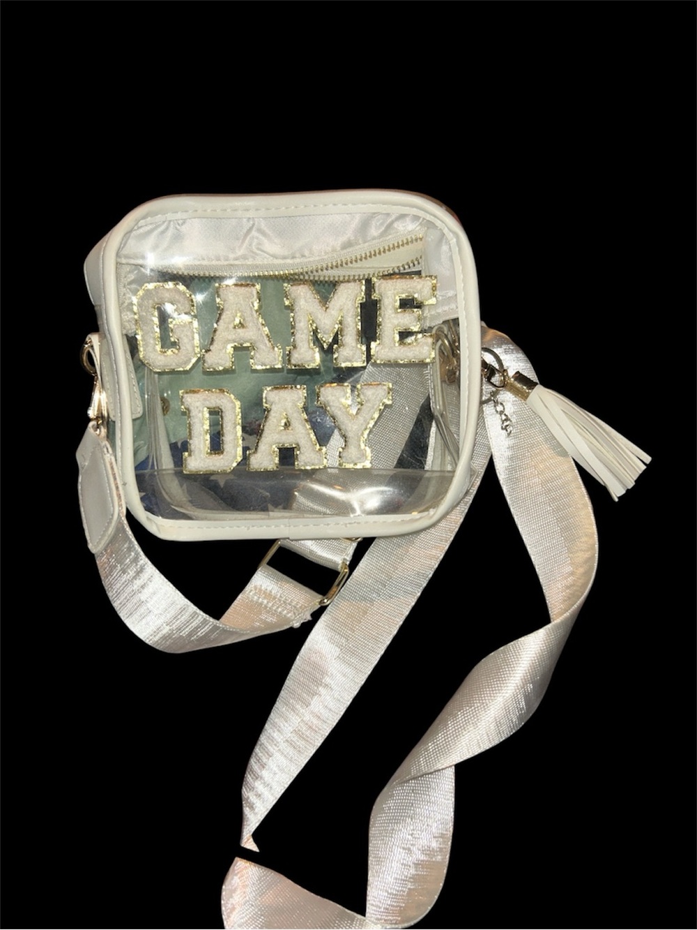 White & CLEAR Crossbody Bag with GAME DAY Letterman Embellishment.
